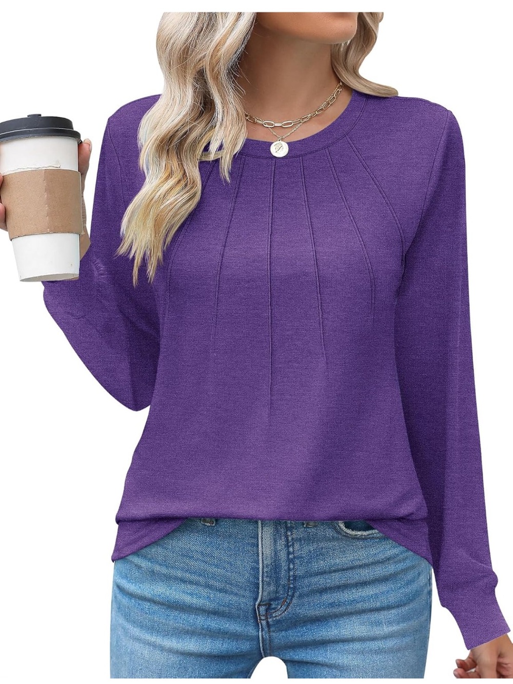 Long sleeve pleated crew neck top, purple